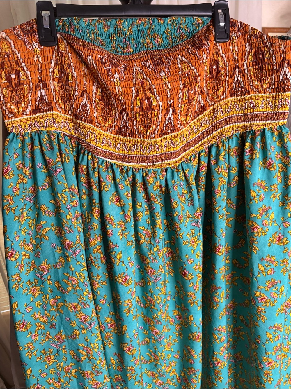 Boho Smocked Maxi dress in Teal & Burnt Orange